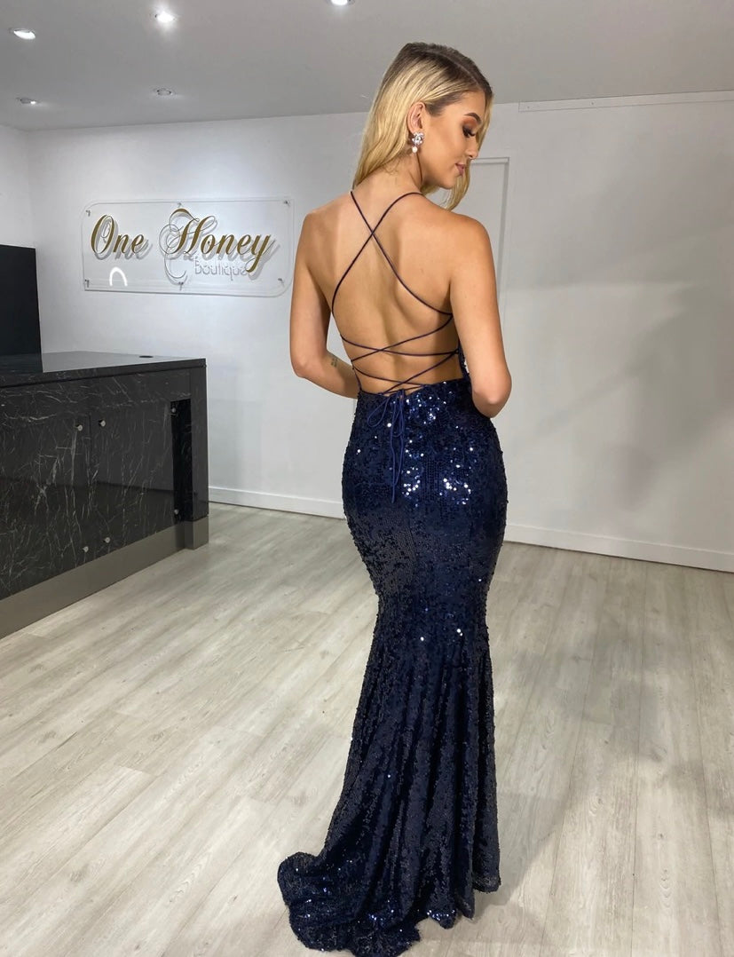 One Honey Sequin Gown in Navy