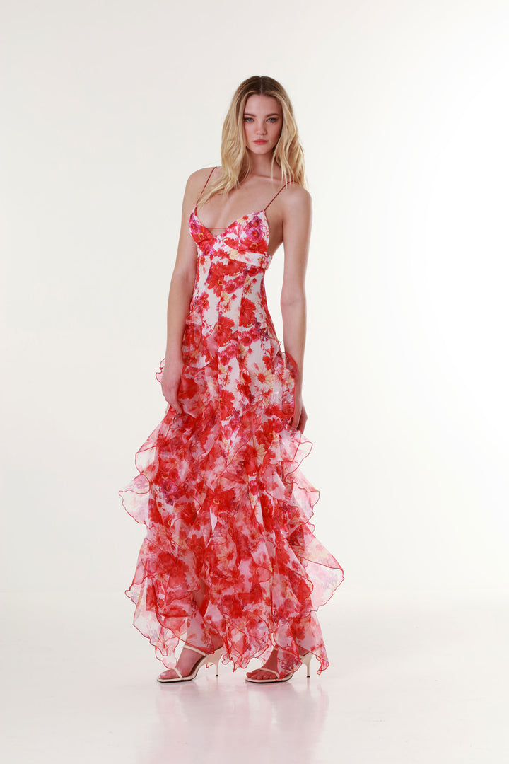 Menti Red Margarita Ruffle Maxi Dress